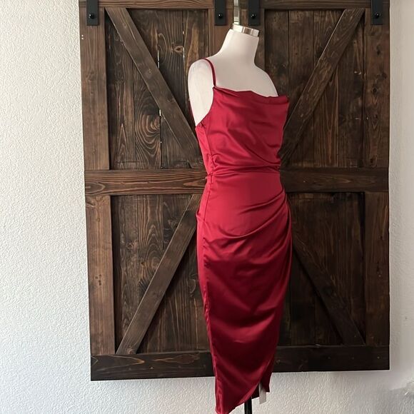 NWT HTZMO Satin Slip Dress Cowl Neck Ruched Bodycon MIDI Dress - Picture 5 of 14